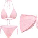 Women 3 Piece Swimsuits - Halter Triangle Bikini Sets with Cover Up Sexy String Tie Side Bathing Suits, L