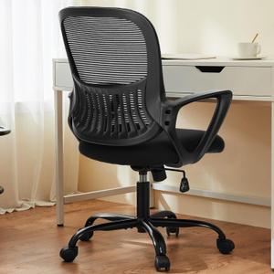 Sweetcrispy Ergonomic Mid-Back Mesh Home Office Desk Chair with Wheels, Lumbar Support, and Comfortable Armrests for Home, Bedroom, Study, Office (Night Black)