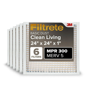 Filtrete 24x24x1 Air Filter, MPR 300, MERV 5, Clean Living Basic Dust 3-Month Pleated 1-Inch Air Filters, 6 Filters