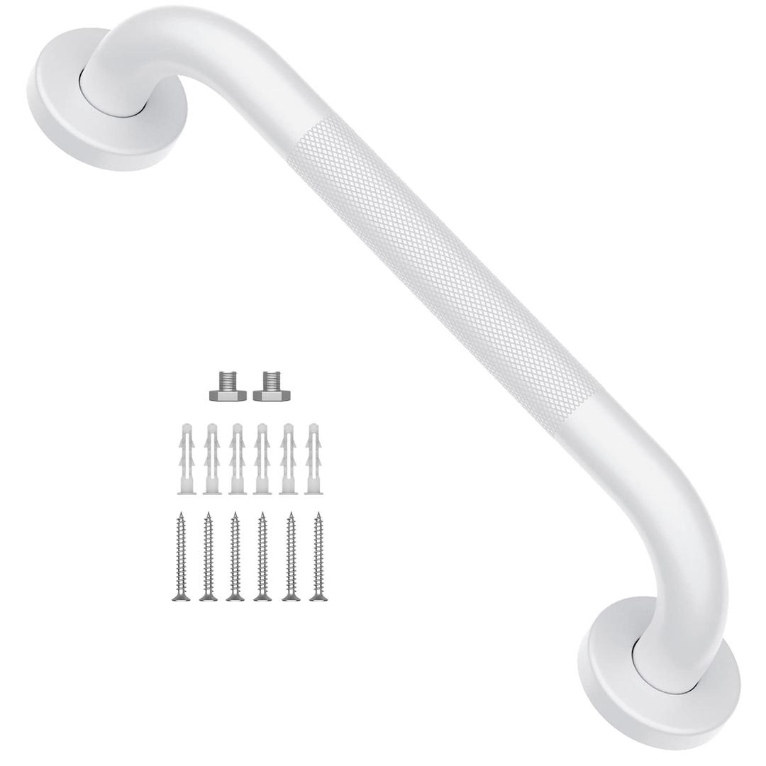 12 Inch Oil Rubbed White Grab Bar w/Anti-Slip knurled Grip, iMomwee Stainless Steel Wall Mount Bathroom Safety Handrail Support, Shower Balance Bar, Handicap Elderly Senior Assist Textured Bath Handle, White