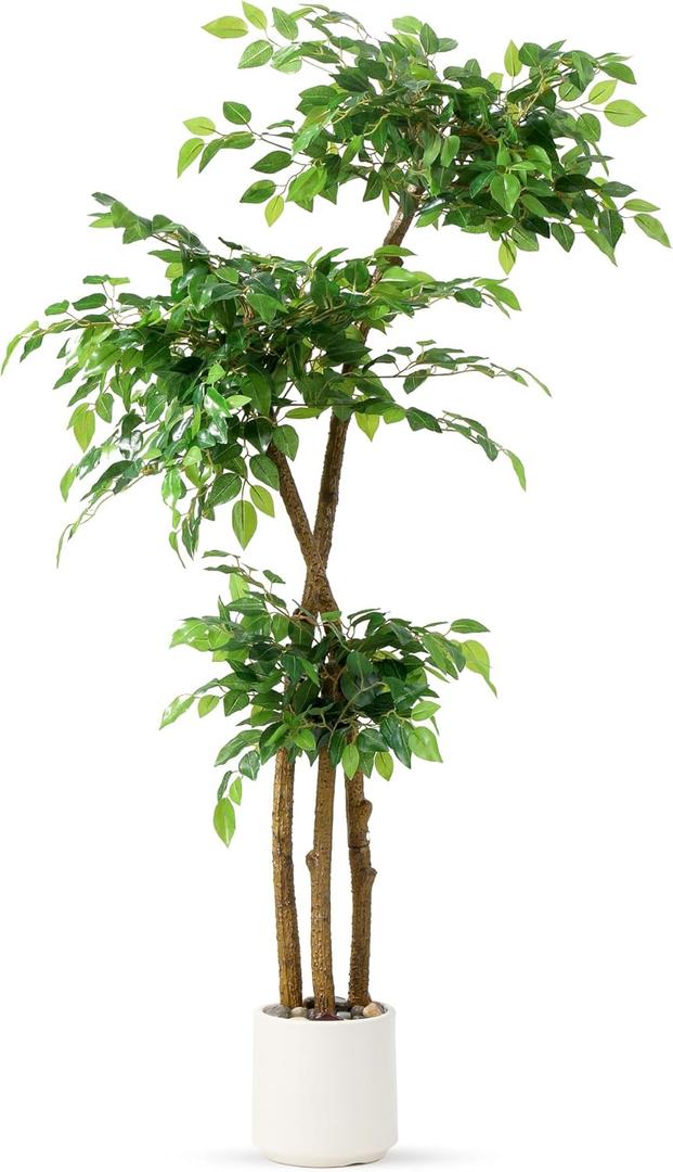 5FT Artificial Ficus Tree with White Planter and Pebbles,Faux Silk Tree with Lifelike Leaves and Realistic Trunk,Tall Fake Potted Plant for Home and Office Dcor Indoor and Outdoor (5FT)