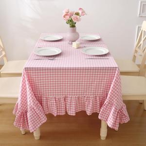 Pink White Plaid Ruffled Table Cloth Rectangular, 100% Washed Cotton Buffet Cottage Coquette Checker Gingham Vintage Decorative Tablecloth - 120"x60"