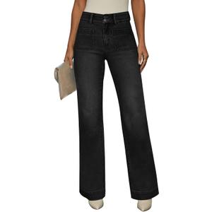 KUNMI Jeans for Women Wide Leg Baggy High Waist Boyfriends Straight Leg Stretchy Denim Pants Trendy Fall 2025 (4, W008-black)