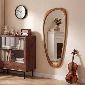 EOGOW Asymmetrical Mirror,48" x 22" Unique Irregular Mirror Wall-Mounted Decor for Living Room Bathroom Bedroom Vanity Entryway Hallway(Natural Wooden)
