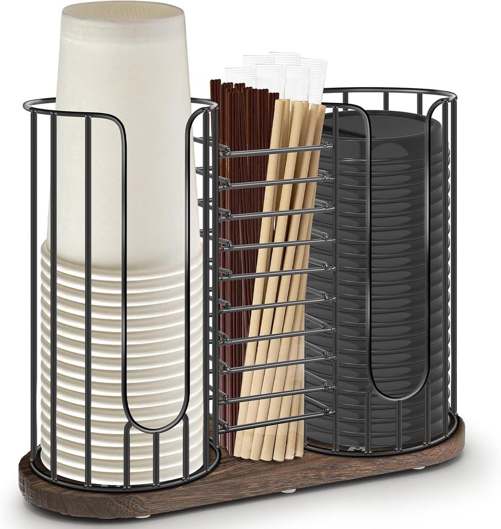 3-Compartment 18oz Coffee Cup Dispenser Rack with Wood Base, Disposable Cup, and Lid Organizer for Countertop - Perfect for Paper Cups, Straws, and Kitchen Cabinet Storage