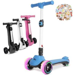 3 Wheel Electric Scooter for Kids, Folding Kick Scooter w/150W Motor, Thumb Accelerator, 3 Adjustable Height, 5Mph Speed, Flashing Wheels & Deck, Sticker, Self-Balancing Toys for Boys, Girls