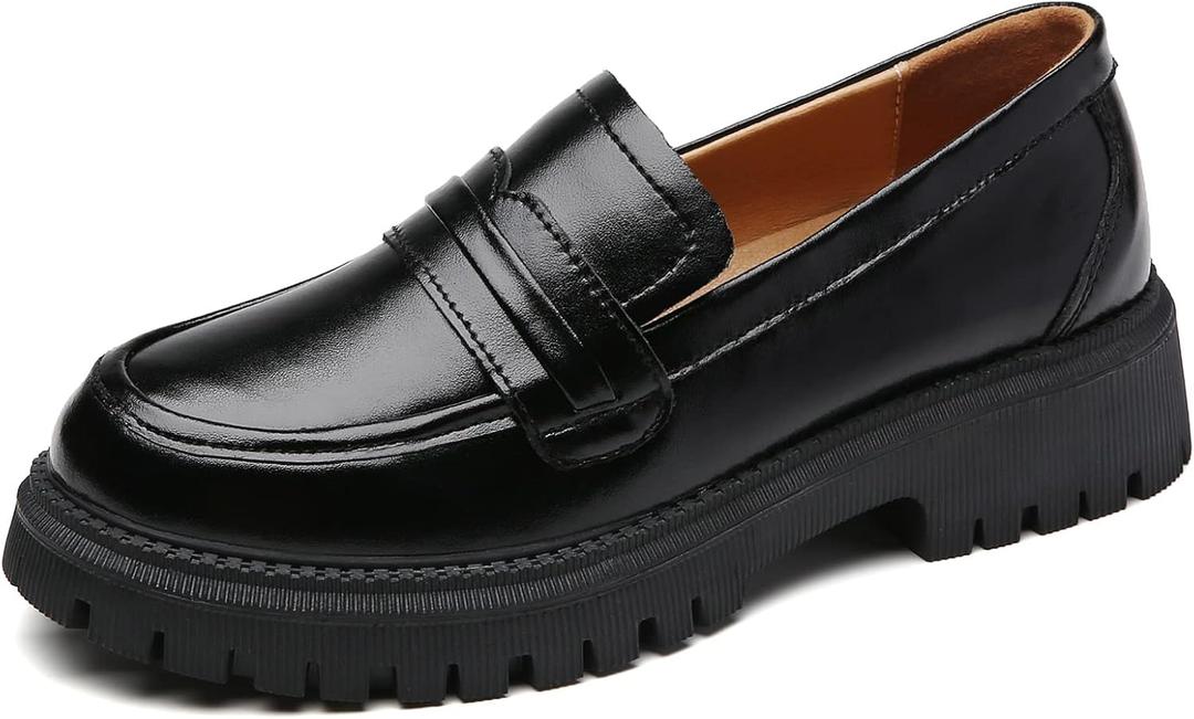 Loafers for Women Leather Chunky Platform Penny Shoes Classic Round Toe Comfortable Business Work Shoes (10, Black)