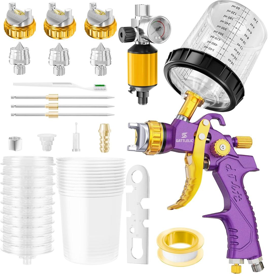 HVLP Air Spray Gun with 1.4/1.7/2mm Nozzles & Air Compressor Regulator, Air Spray Paint Gun w/10pcs 600cc Mixing Cup and Lids, Automotive Paint Sprayer for Car, House Painting, Furniture (Purple)