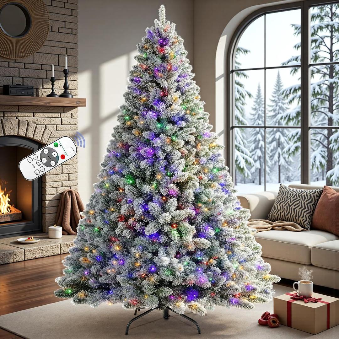 7.5 FT Pre-lit Snow Flocked Christmas Tree Spruce with Remote Control, 450 Warm White Multi-Color Changing LED Lights, Artificial Hinged/Feel Real/Realistic for Home, Dual Color LED