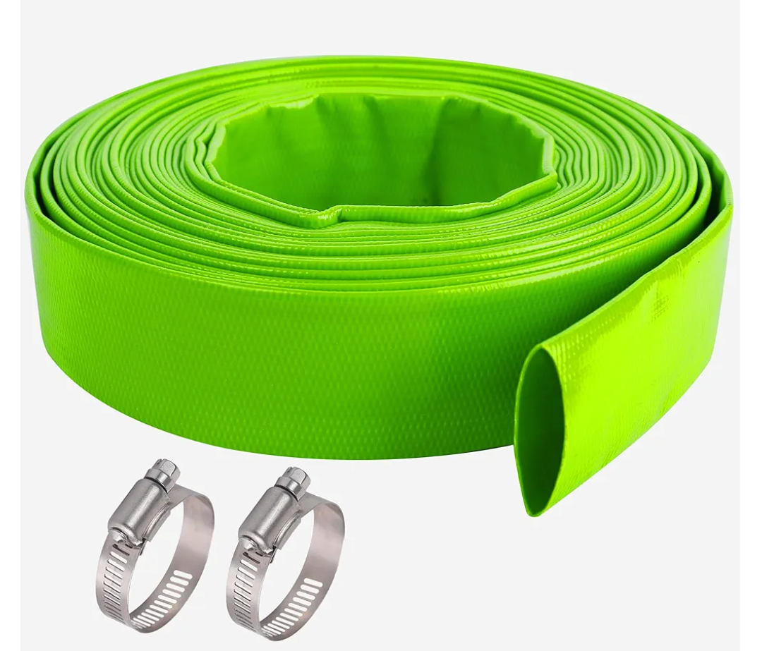 1-1/2" (Flat 2.6’’ width) x 100 FT Pool Backwash Hose, Green Heavy Duty Reinforced PVC Lay Flat Water Discharge Hose for Swimming Pool Filter Pump, With 2 Clamp