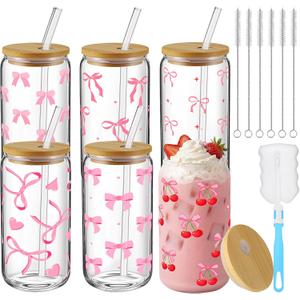 6 Pcs Pink Coquette Bow Glass Cups with Lids and Straws 16oz Cute Cherry Tumbler Bulk Reusable Can Shaped Drinking Glasses for Spring Mothers Day Gifts Party Supplies