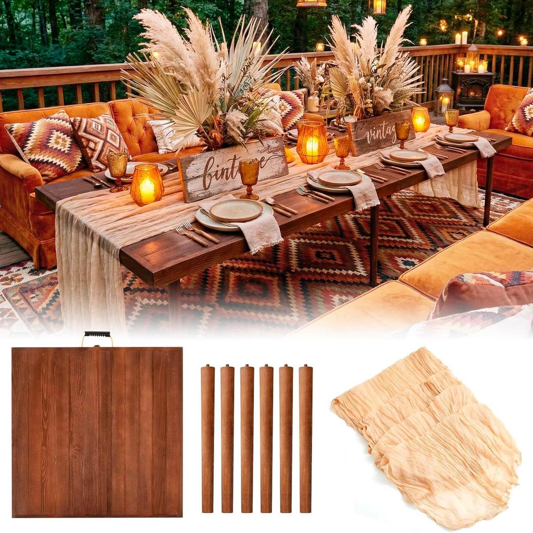 Sintuff 8 Person Boho Table Low Folding Picnic Table Beach Portable Low Wood Floor Event Foldable Garden Wedding Party Camping Picnics with Runner Set(Dark Brown, 30 x 60 Inches, Vertical Stripe) (Walnut Color)