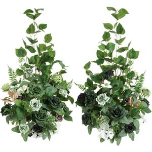 Ling's Moment 41.0" Tall Free-Standing Wedding Aisle Artificial Flowers for Ceremony Decor, 2PCS Emerald & Gold Walkway Fake Floral, Spring Faux Rose Altar Arch Arrangement Decorations Outdoor