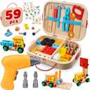 59Pcs Kids Tool Set Toy for Boys - Montessori STEM Wooden Play Tool Box Kit with Electric Drill with 2 Types Bits - Educational Christmas Birthday Gifts for Boys Toddlers Kids Age 3 4 5 6 Years Old