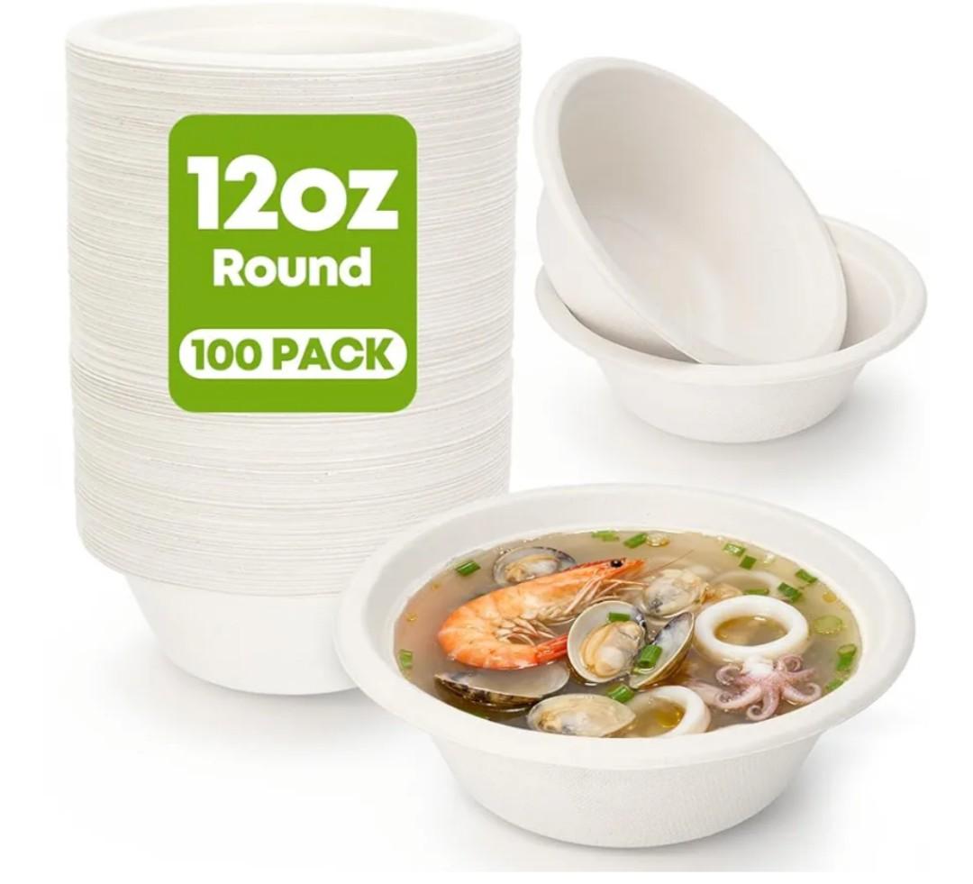 W&Y 12 oz Paper Bowls, 100-Count Disposable Compostable Bowls, Microwave Safe & Heavy Duty, Biodegradable Sugarcane Fiber Bowl for Hot Soup, Salad, Snacks, and Party Use