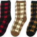 BomKinta Fuzzy Socks Women - Winter House Slipper Sock - Cozy Thick Warm Sleeping Gifts for Women Size 5-10 (3 Pairs Checkered Red Khaki Yellow)