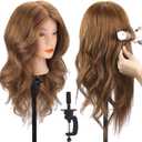 Mannequin Head with 100% Real Hair, TopDirect 18" Brown Real Hair Cosmetology Manikin Head Hairs Styling Hairdressing Practice Training Doll Heads with Clamp Holder and Tools