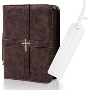 Bible Cover, Discreet & Elegant Bible Case, Brown PU Leather Bible Cover, Cross Design Bible Bags, Strong and Sturdy Book Case, Includes Premium Bookmark