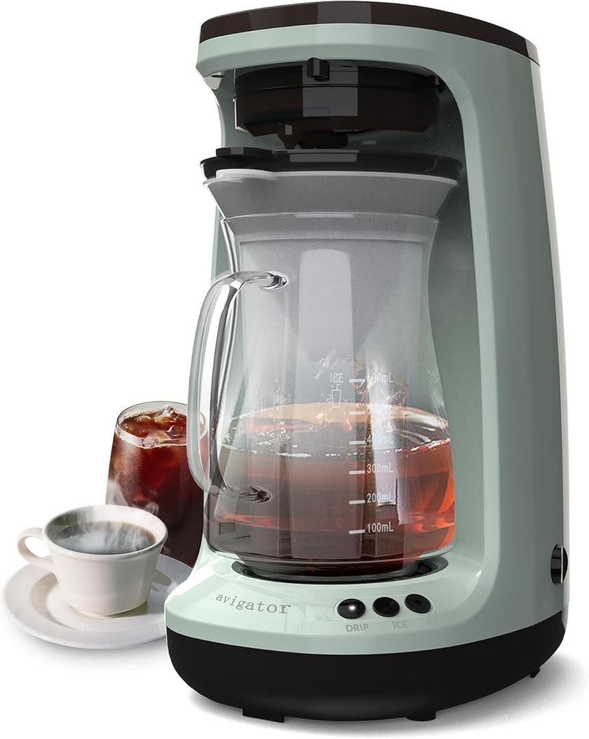 Hot and Iced Coffee Maker 4-5 Cup for Grounds, Personal Single Serve Coffee Machine with Glass Pot for Home, Office and Travel, Green