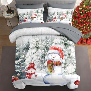 7 Pcs Full Size Christmas Comforter Set with 2 Pillowcases & 2 Shams, Rustic Snow Pine Forest Bedding for Kids and Adults, Cute Snowman Bed in a Bag with Flat Fitted Sheet