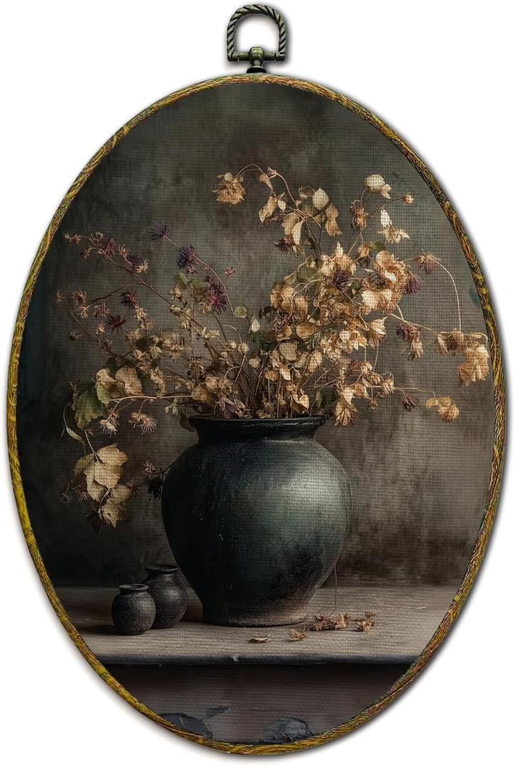 XFCICRLJ Vintage Dark Moody Dry Floral Wall Art Decor, Antique Cottagecore Botanical Oval Canvas Prints Framed, Retro Rustic Floral Wall Art Decorations for Home Bedroom Living Room Decor, 11x8.5 Inch