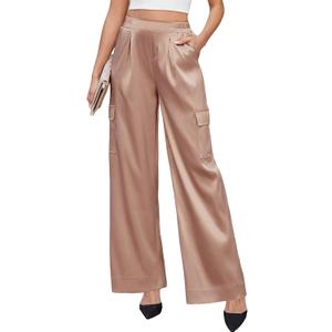 ZAFUL Womens Satin Pants Wide Leg High Waisted Cargo Pants Silky Dressy Casual Slack Trousers (Orange, XXL)