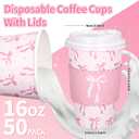 Whaline 50 Set Pink Bow Disposable Coffee Cups with Lids and Sleeves Coquette Bowknot Paper Drinking Cups for Valentine's Day Mother's Day Wedding Birthday Baby Shower Bachelorette Party Supplies