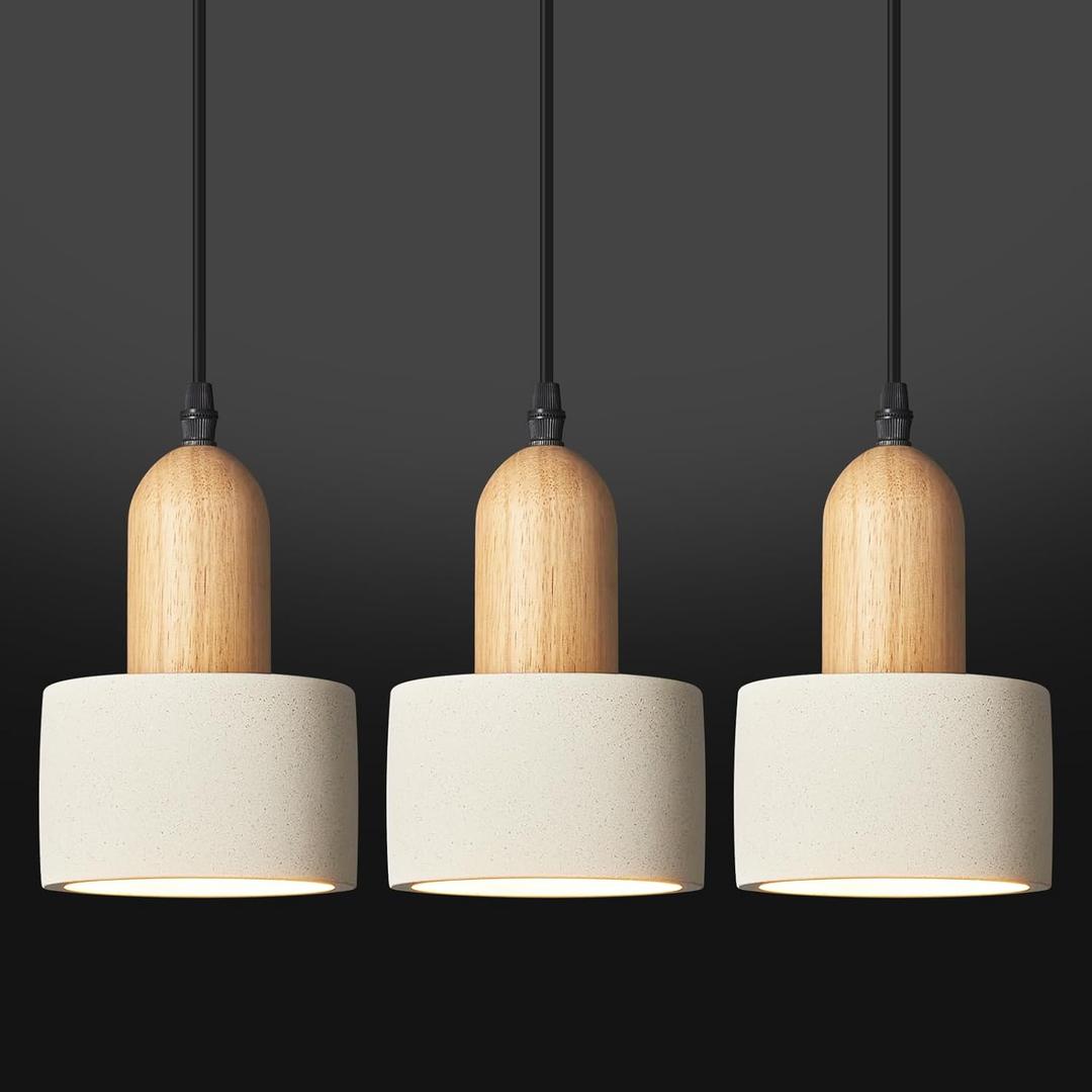 Modern Cement Pendant Lights White Chandelier Wooden Ceiling Lights for Bedroom Dining Room Living Room Kitchen Island bar（3 Pack）