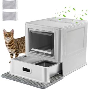 Marchul Enclosed Stainless Steel Cat Litter Box with Lid & Drawer Design for Indoor All Lifestyles Cats, Metal Covered Cat Litter Box, Baffles for Anti-Leakag, with Litter Scoop & Litter Mat