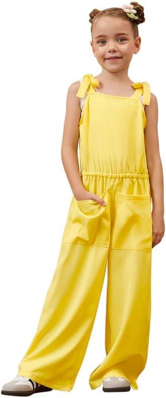 Mirawise Girls Romper Outfits Size 10 11 12 Jumpsuit Tie Strap Kid Sleeveless Yellow Wide leg Clothes Long Pant with Pocket, 150