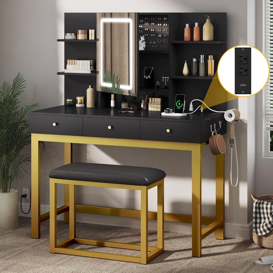 DWVO Vanity Desk with Mirror & Power Outlet, Hidden Storage Shelves, 3 Drawers, Adjustable 3 Lights Modes, Dressing Table Set with Chair, Makeup Table with Stool, Black Upgraded Vanity for Bedroom