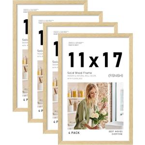 11x17 Picture Frame Set of 4, Natural Solid Wood Picture Frames, Display 11x17 Photos without Mat, Horizontal or Vertical Wall Mounting Poster Frame, Oak Wood Grain