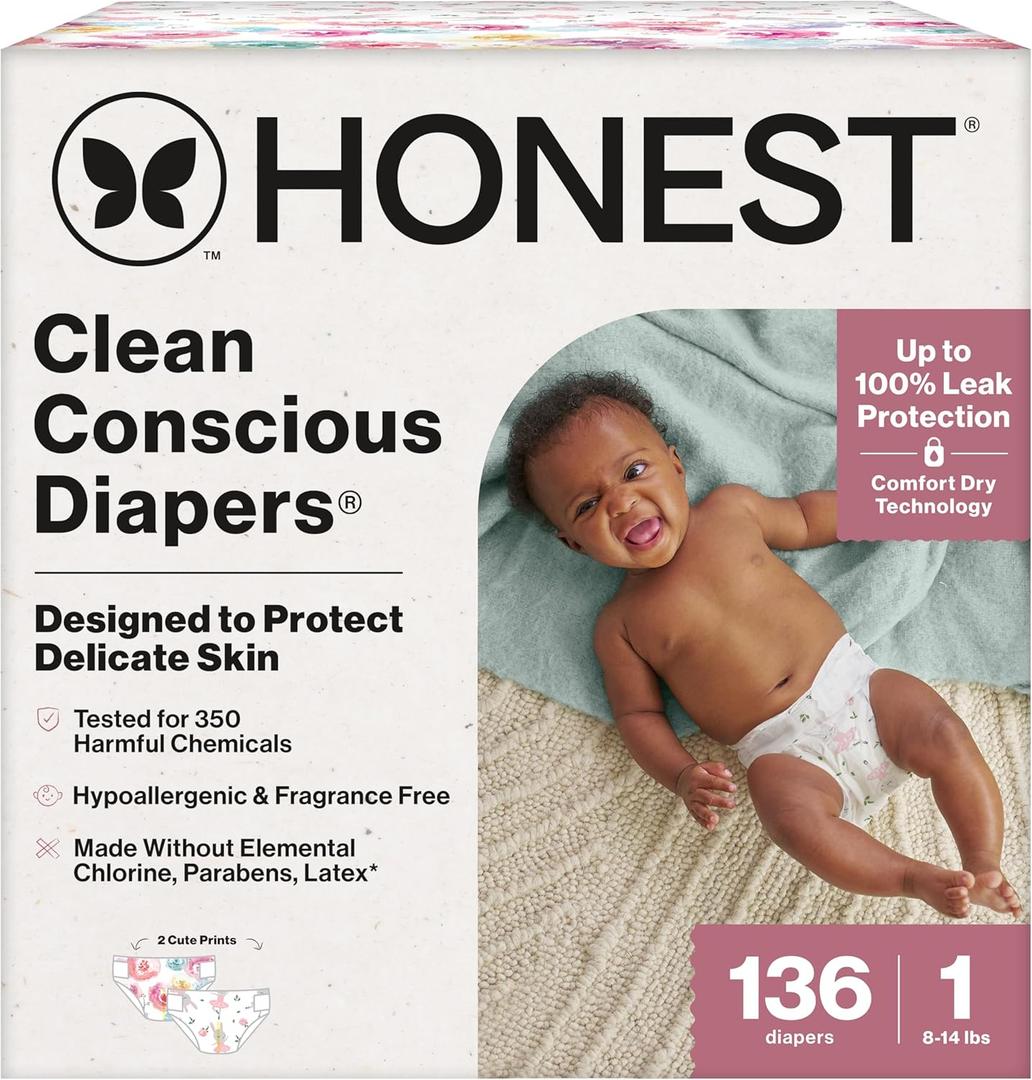 The Honest Company Clean Conscious Diapers for Sensitive Skin | Hypoallergenic, Fragrance Free | Girl Prints | Super Club Box, Size 1 (8-14 lbs), 136 Count