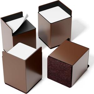 Bed Risers 4 inch Heavy Duty, 4 Pack Brown Square Metal Self-Adhesive, Oversized Furniture Risers for Bed Desk Table Sofa Couch, Support up to 6000 lbs, Protect Hardwood Floors from Scratches