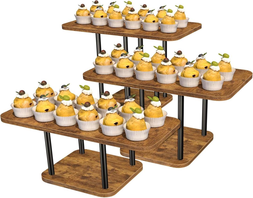 Cupcake Stand Wooden Dessert Table Display Set Rustic Dessert Stands Cupcake Display Stand Rectangle Serving Tray for Party Baby Shower Birthday Graduation Wedding (2 Tier Square-3P)