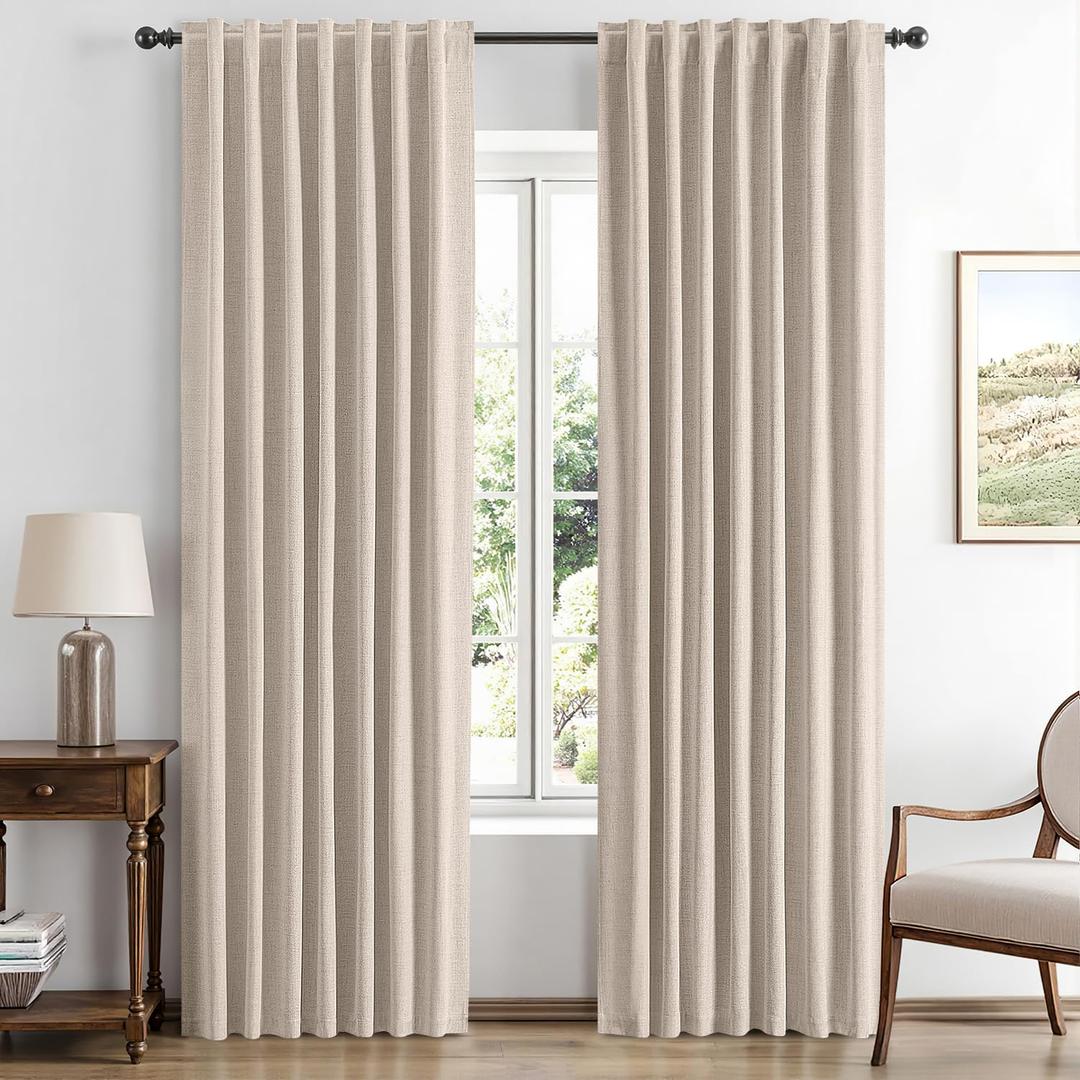 MIULEE 100% Blackout Linen Curtains for Bedroom, Natural Solid Luxury Decor Thermal Insulation Room Darkening Drapes for Living Room Nursery Back Tab Rod Pocket 42 x 90 Inches, 2 Panels
