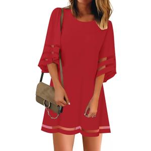 LookbookStore Women Casual Crewneck Mesh Panel 3/4 Bell Sleeve Loose Tunic Dress (XX-Large, True Red)