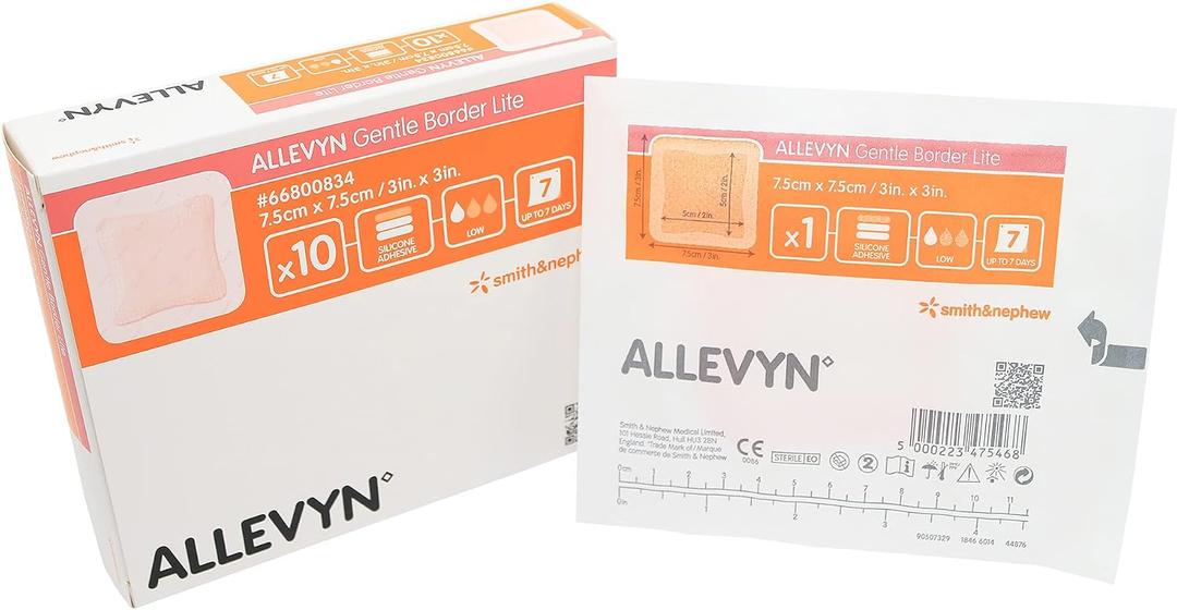 Allevyn Gentle Border Lite Foam Dressing, 3" x 3" (7.5 cm x 7.5 cm), Sterile Adhesive, Pack of 10