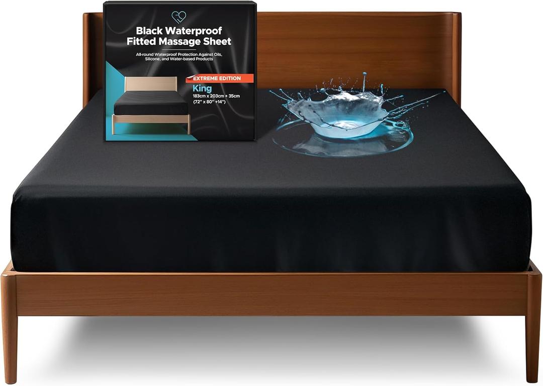 Extreme Waterproof Fitted Sheet, King, Full-Coverage Sides, 14'' Deep Pocket, Black Mattress Protector for Massage Oil, Water & Silicone Products, Stain-Proof, Noiseless, Hypoallergenic