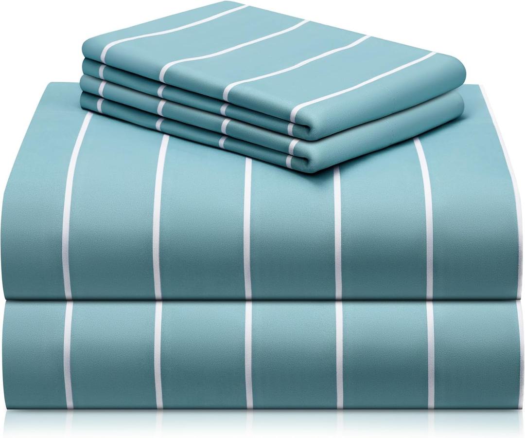 LuxClub 4 PC Queen Size Sheet Set Bed Sheets, Breathable Luxury, Deep Pockets 18" Wrinkle Free Cooling Machine Washable Hotel Bedding (Striped Light Blue)