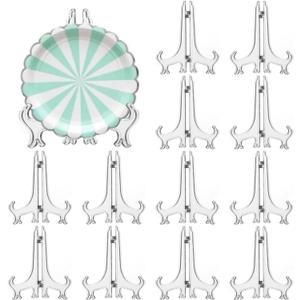 12 Pack 5 Inch Clear Plastic Easels or Stand/Plate Holders to Display Pictures or Other Items at Weddings, Plate Stands for Home Decoration, Birthdays, Tables