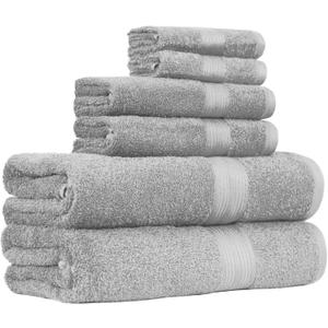 Amazon Basics 6-Piece Fade-Resistant 100% Cotton Towel Set for Bathroom, Soft and Absorbent, 2 Bath Towels, 2 Hand Towels, 2 Washcloths, Gray