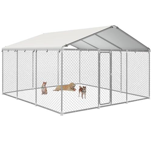 15.3x15.3 FT Heavy Duty Metal Wire Dog Kennel Outdoor, Portable Large Dog Cage Enclosure with Waterproof Cover & Secure Lock, Steel Fence Pen for Medium Large Dogs