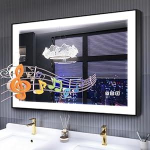 S·BAGNO 36x28 Inches LED-Bathroom-Mirror-with-Black-Frame, Led-Mirror-for-Bathroom, Built-in Bluetooth Speaker, Dimmable-Brightness, Color Changing, Anti-Fog, Horizontally/Vertically