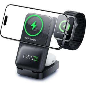 GUSGU 3-in-1 Charging Station for MagSafe Wireless Charger Clock, LED Screen with Power Display, 15W Fast Charging, Compatible with iPhone 17/Air/16/15, iWatch Ultra 3, AirPods Pro 3, Black