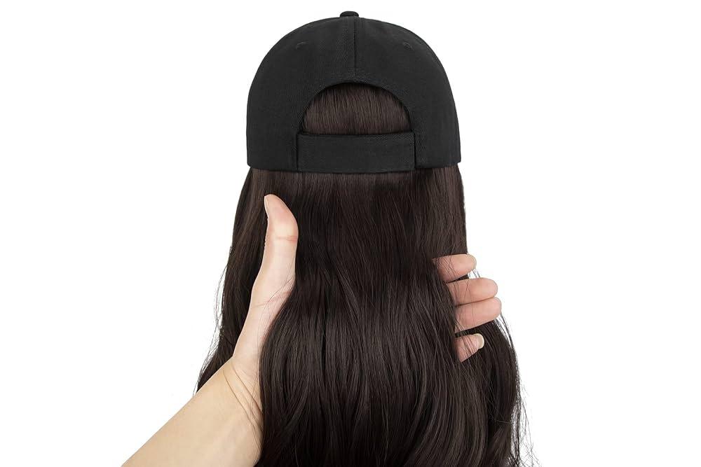 AynnQueen Baseball Cap with Hair Extensions for Women Adjustable Hat with Synthetic Hair Attached 24inch Long Wavy Black Baseball Cap (Dark Brown)