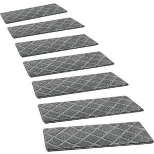 PURE ERA Carpet Stair Treads Tape Free Non Slip Indoor Stair Carpet Stair Protectors Pet-Friendly Non-Slip Skid Resistant Washable Reusable 8" x 30"(14 Pieces,Gray Diamond Trellis)