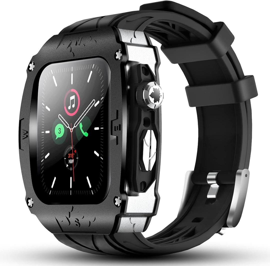 Luxury Metal Case for Apple Watch 8 7 45mm 6 44mm Band with Cover Heavy Duty Rugged Case Silicon Strap for men iWatch 6 5 4 SE 44mm Full Protective Cover (Black-Silver)