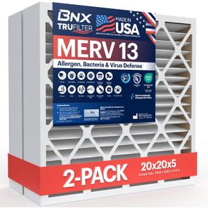 BNX TruFilter 20x20x5 (19.88 x 19.88 x 4.38 Honeywell Compatible 4) MERV 13 Air Filter (2-Pack) - MADE IN USA - HVAC AC Furnace Filters Health, Allergies, Mold, Bacteria, Smoke, MPR 1900 FPR 10