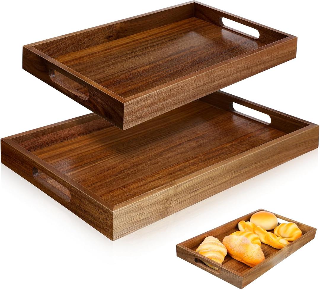 2 Pack Solid Acacia Wood Serving Trays with Handles, Rectangular Wooden Serving Platters, Decorative Servings Trays Set, Portable Ottoman TrayGreat for Lap &Couch, 16"+15"